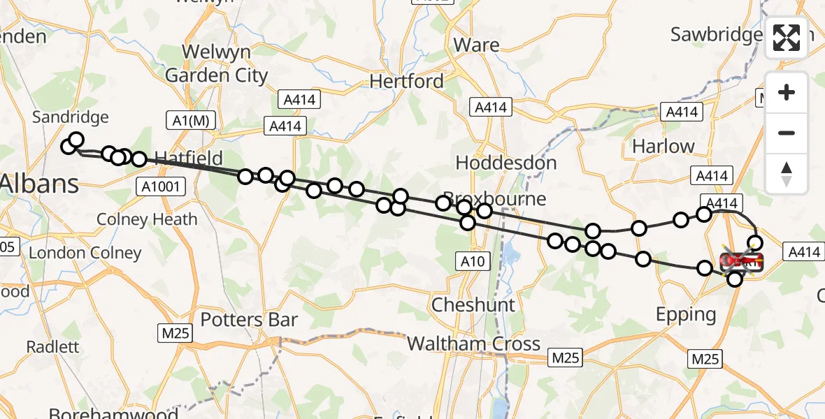 Flight route Air Ambulance Helicopter North Weald Airfield - North Weald Airfield, 19 May 2026, 18:04