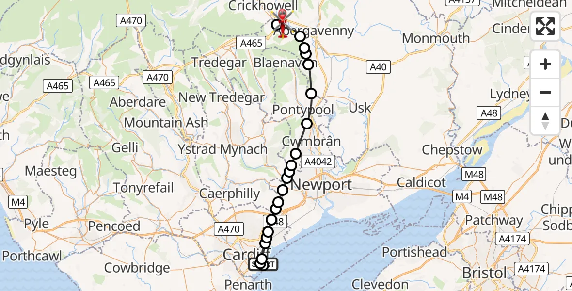 Flight route Air Ambulance Helicopter Cardiff Heliport - Gilwern, 19 May 2026, 18:13