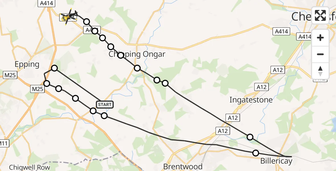 Flight route Police Helicopter Stanford Rivers - North Weald Bassett, 19 May 2026, 18:20