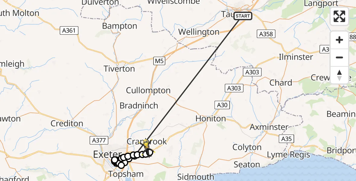 Flight route Police Helicopter Taunton - Rockbeare, 19 May 2026, 18:29