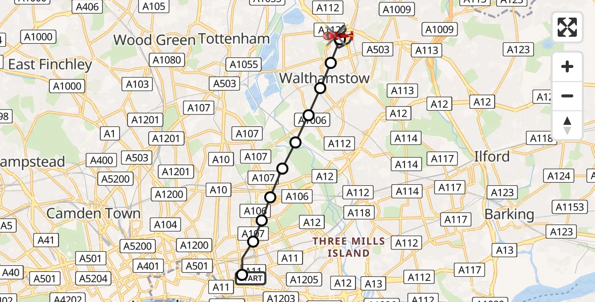 Flight route Air Ambulance Helicopter Royal London Hospital - Walthamstow, 19 May 2026, 18:43