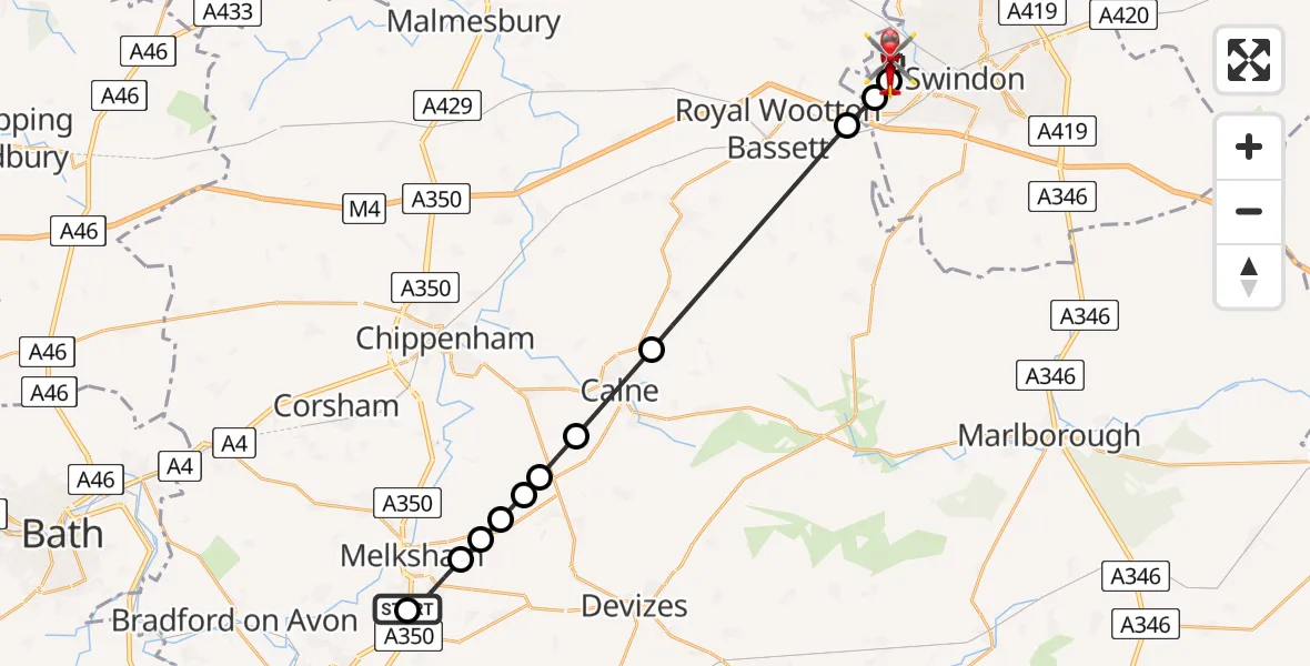 Flight route Air Ambulance Helicopter Wiltshire Air Ambulance - West Swindon, 19 May 2026, 18:58