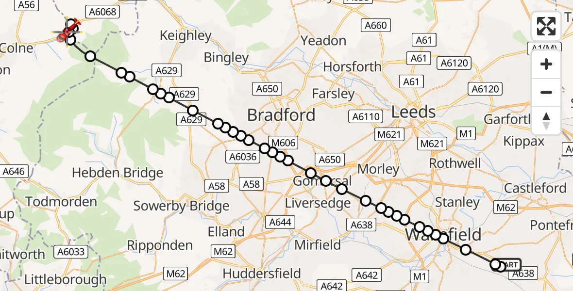 Flight route Air Ambulance Helicopter YAA Nostell Helicopter Port - Laneshaw Bridge, 19 May 2026, 19:05
