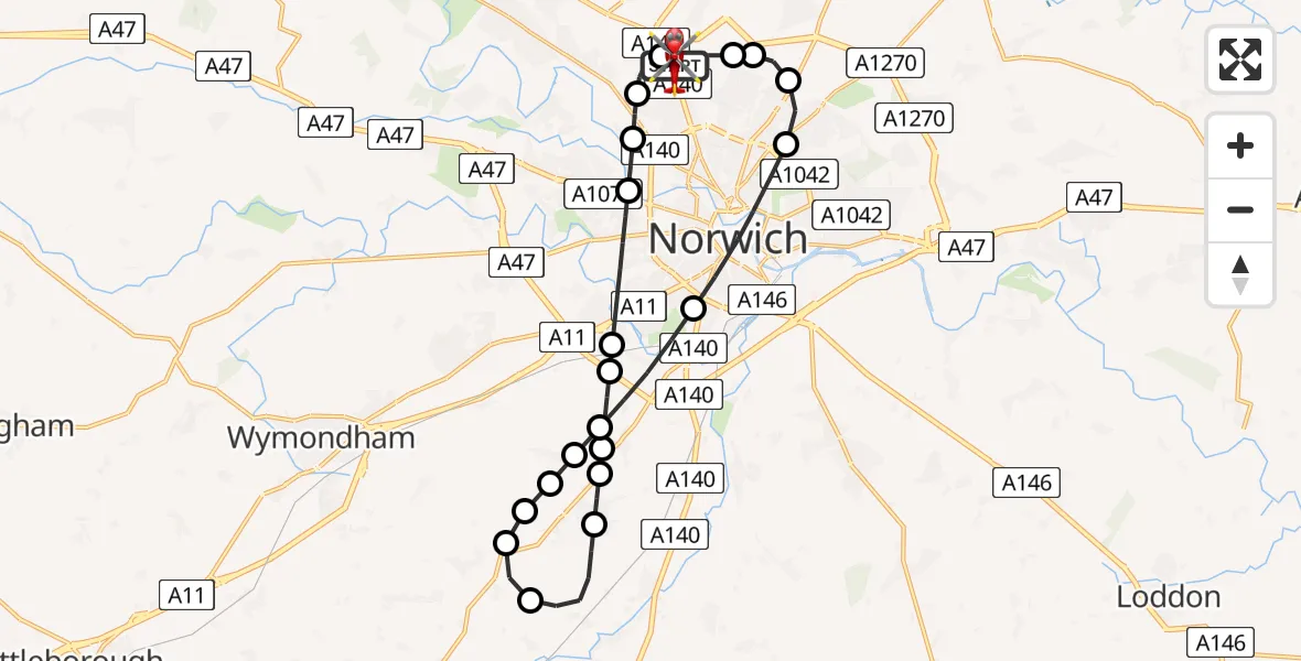 Flight route Air Ambulance Helicopter Norwich Airport - Norwich Airport, 19 May 2026, 19:08