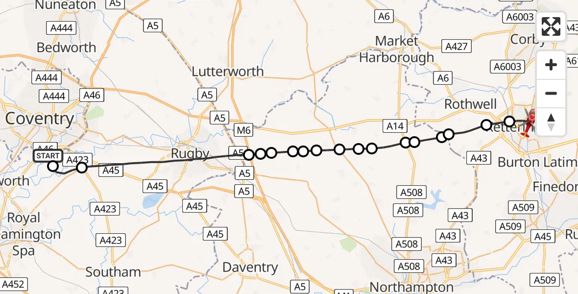 Flight route Air Ambulance Helicopter Warwick - Kettering, 19 May 2026, 19:12
