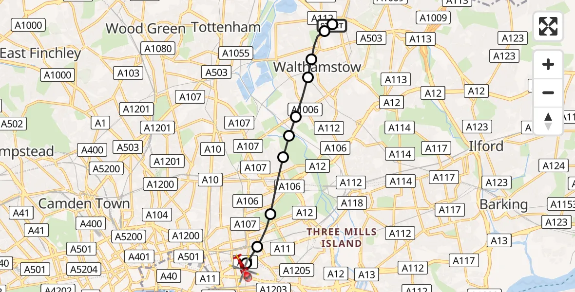 Flight route Air Ambulance Helicopter Highams Park - Royal London Hospital, 19 May 2026, 19:23