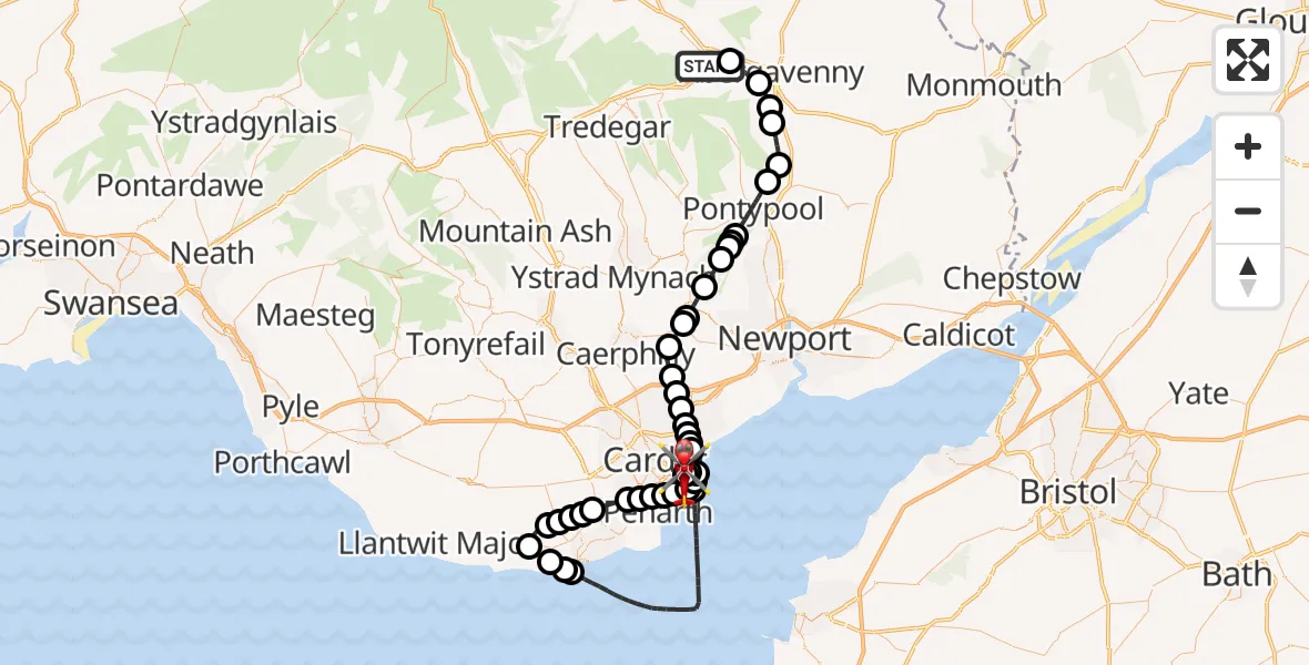 Flight route Air Ambulance Helicopter Gilwern - Cardiff Heliport, 19 May 2026, 19:23