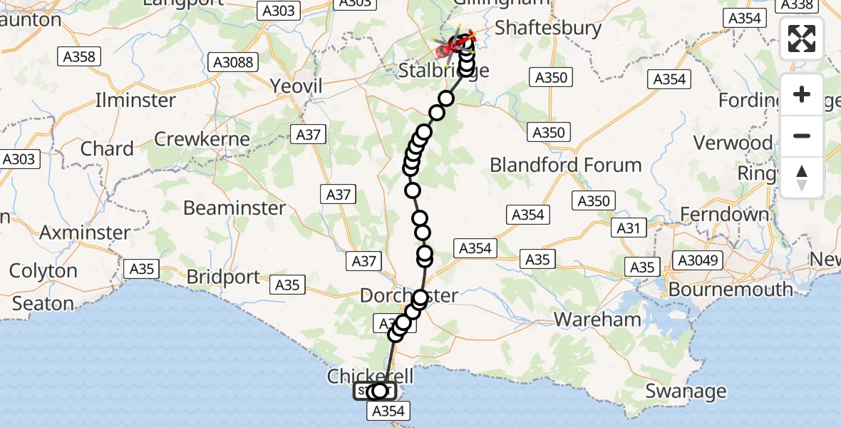 Flight route Air Ambulance Helicopter Weymouth - Henstridge Airfield, 19 May 2026, 19:25