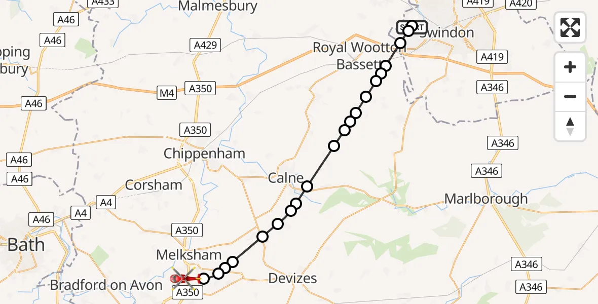 Flight route Air Ambulance Helicopter Shaw - Wiltshire Air Ambulance, 19 May 2026, 19:27