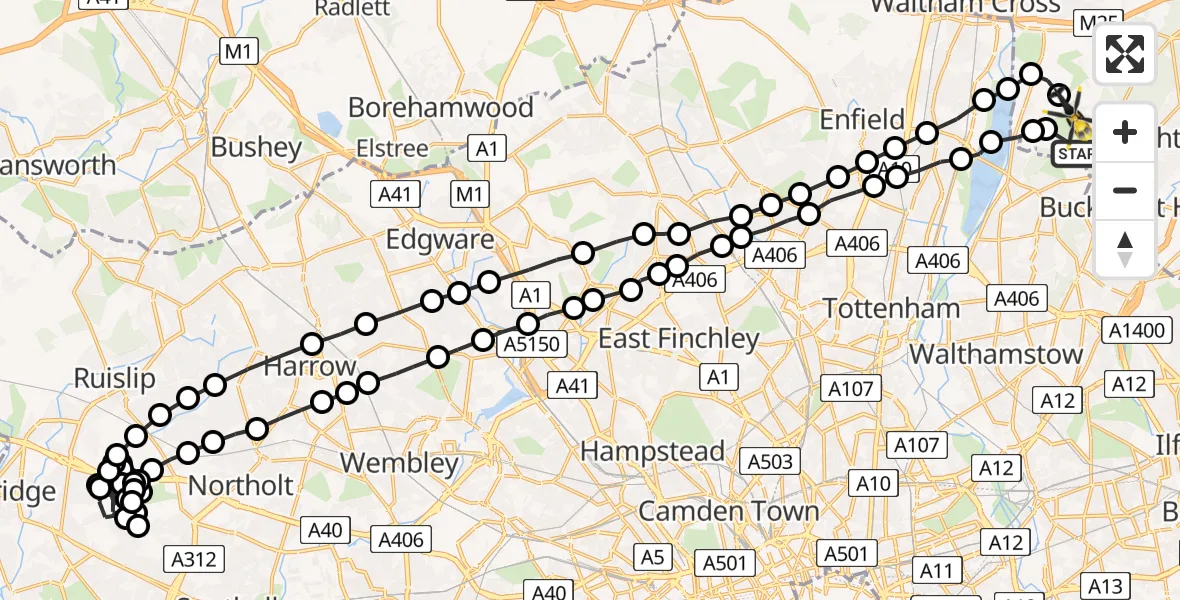 Flight route Police Helicopter Waltham Abbey - Metropolitan Police Air Support Unit Lippitts Hill, 19 May 2026, 19:30