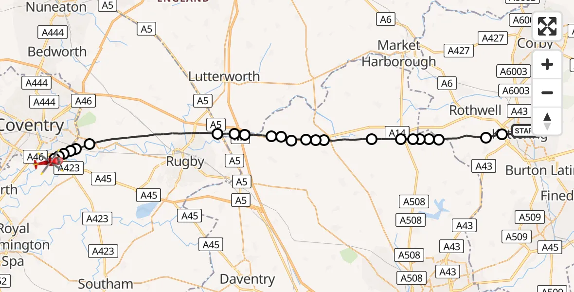 Flight route Air Ambulance Helicopter Kettering - Coventry Airport, 19 May 2026, 19:55