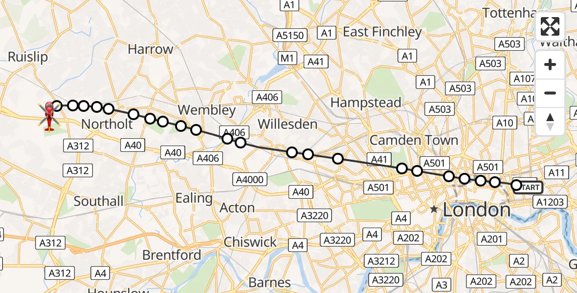 Flight route Air Ambulance Helicopter Royal London Hospital - RAF Northolt, 19 May 2026, 19:56