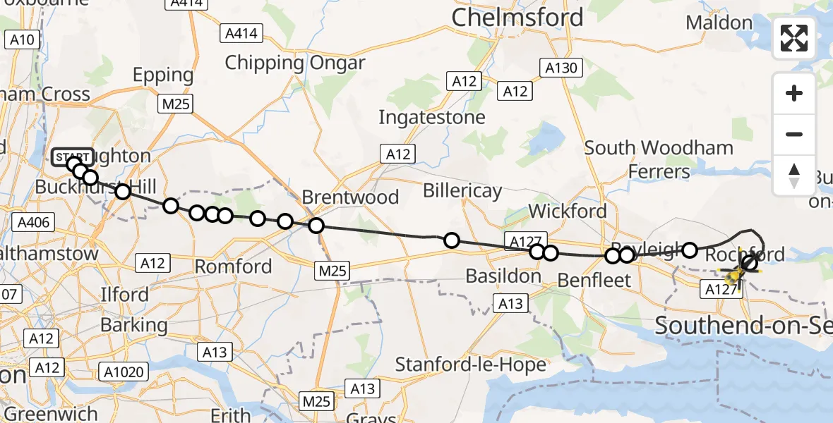 Flight route Police Helicopter Sewardstonebury - London Southend Airport, 19 May 2026, 19:56