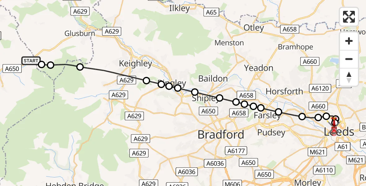 Flight route Air Ambulance Helicopter Laneshaw Bridge - Woodhouse, 19 May 2026, 20:05