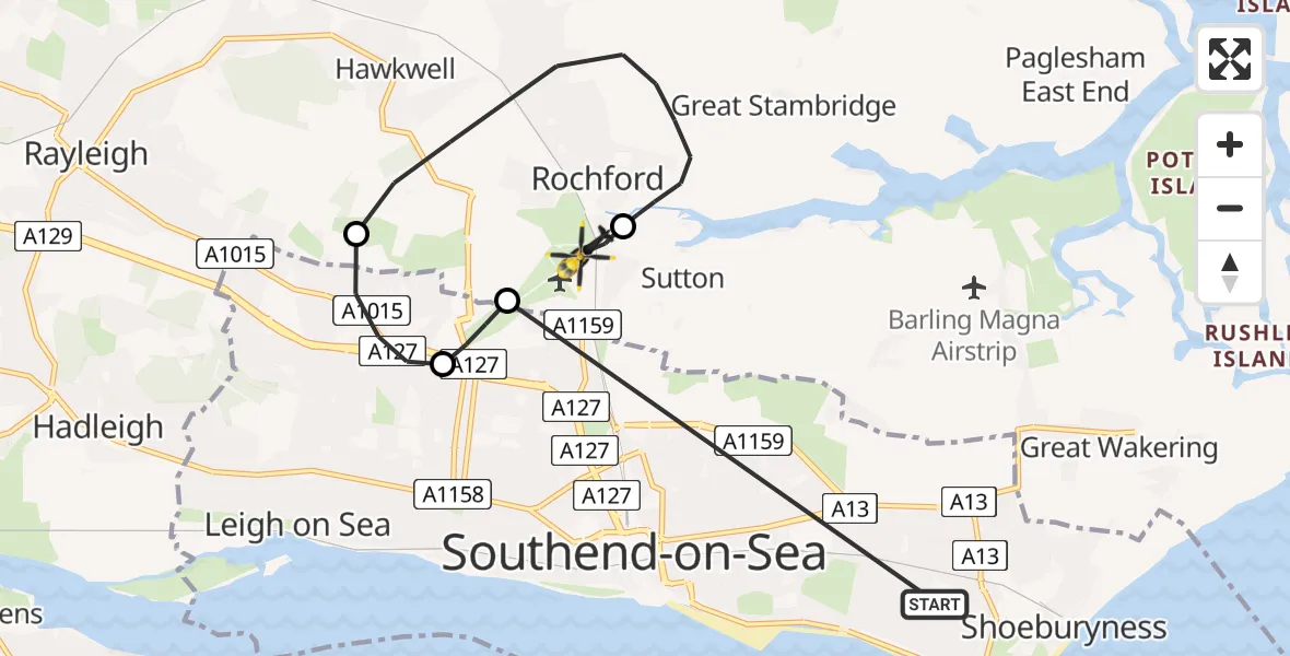 Flight route Police Helicopter Shoeburyness - London Southend Airport, 19 May 2026, 20:14