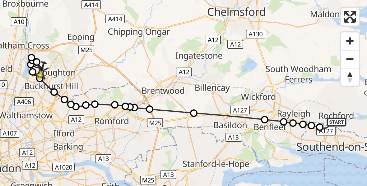 Flight route Police Helicopter London Southend Airport - Sewardstonebury, 19 May 2026, 20:54