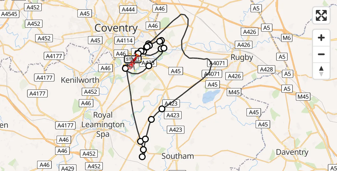 Flight route Air Ambulance Helicopter Coventry Airport - Coventry Airport, 19 May 2026, 21:05