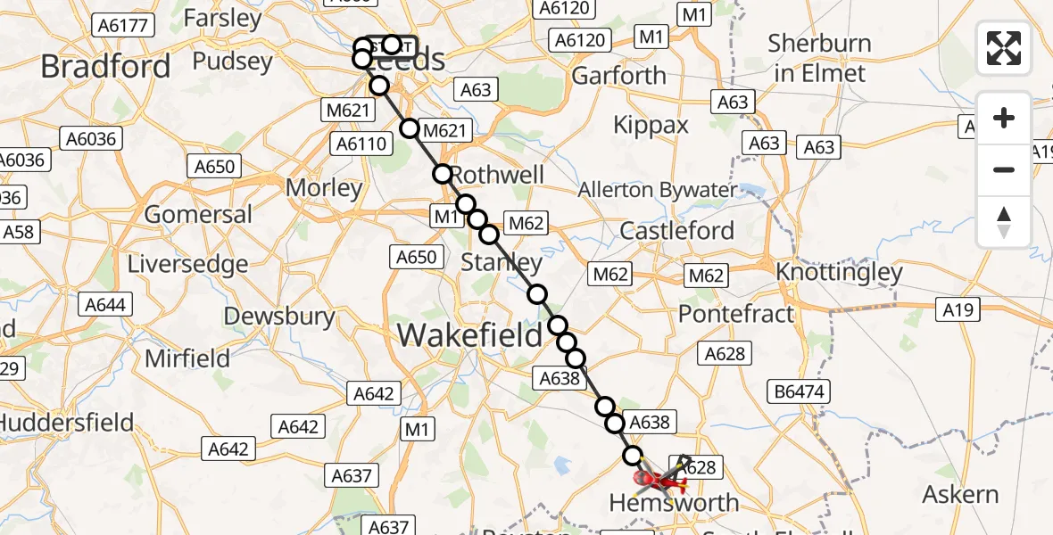Flight route Air Ambulance Helicopter Woodhouse - Hemsworth, 19 May 2026, 21:09