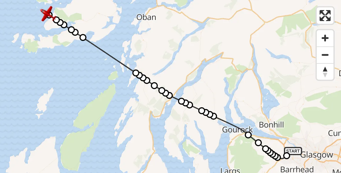 Flight route Air Ambulance Aircraft Glasgow Airport - Inner Seas, 19 May 2026, 21:25
