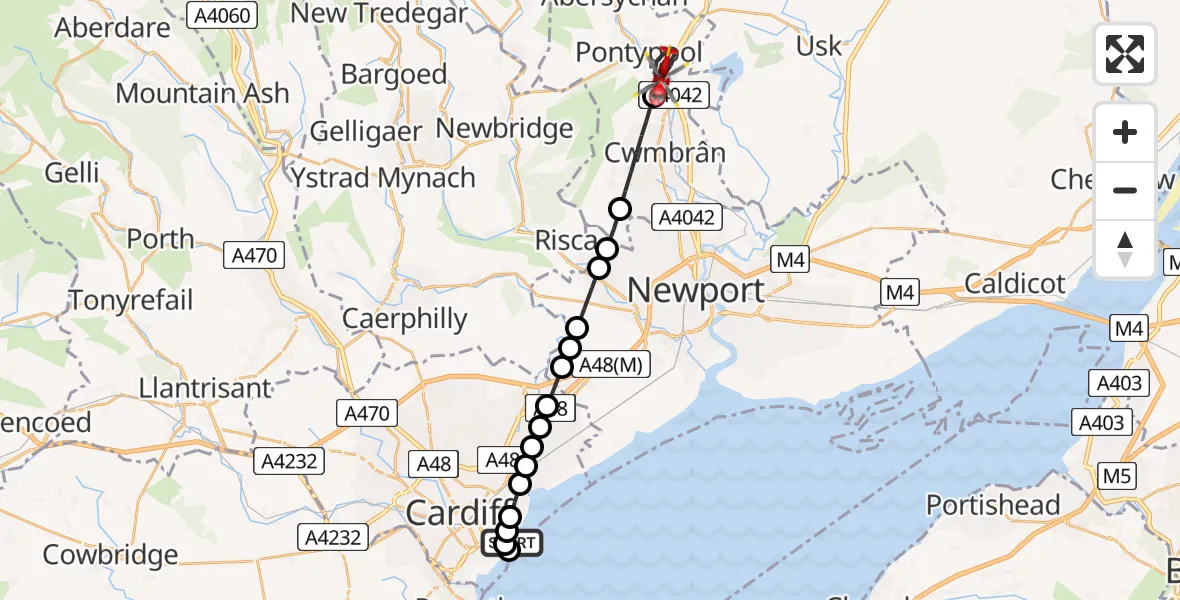 Flight route Air Ambulance Helicopter Cardiff Heliport - Pontypool, 19 May 2026, 21:28