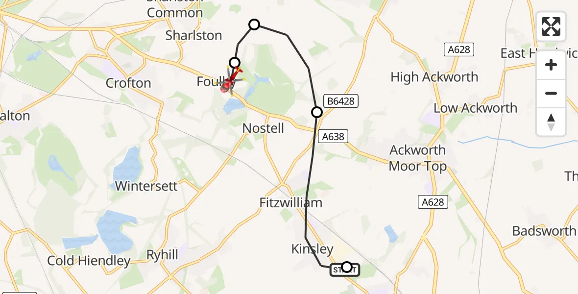 Flight route Air Ambulance Helicopter Hemsworth - YAA Nostell Helicopter Port, 19 May 2026, 21:31