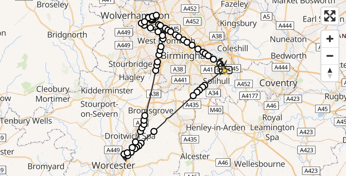 Flight route Police Helicopter Birmingham Airport - Birmingham Airport, 19 May 2026, 22:01