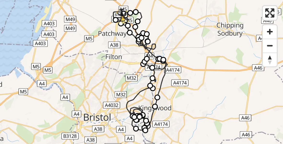 Flight route Police Helicopter Almondsbury Helicopter Base - Almondsbury Helicopter Base, 19 May 2026, 22:08