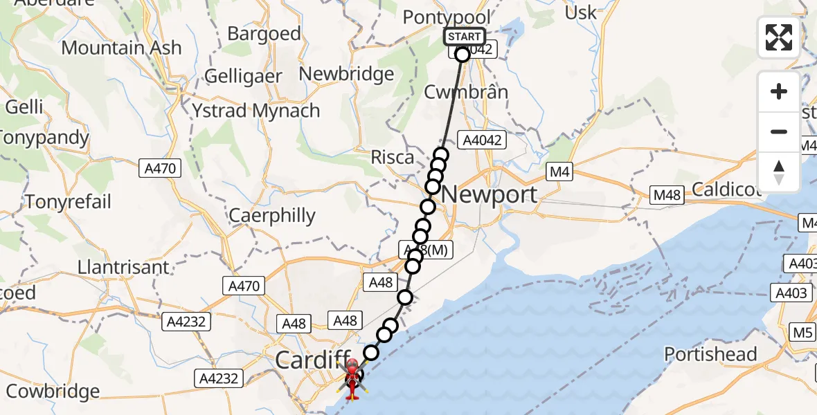 Flight route Air Ambulance Helicopter Pontypool - Cardiff Heliport, 19 May 2026, 22:19