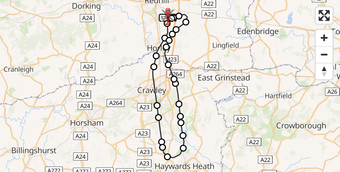 Flight route Air Ambulance Helicopter Redhill Aerodrome - Redhill Aerodrome, 19 May 2026, 22:33