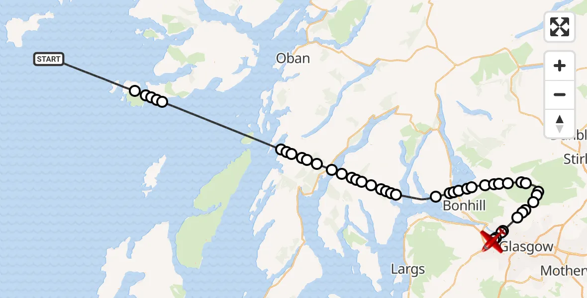 Flight route Air Ambulance Aircraft Inner Seas - Glasgow Airport, 19 May 2026, 22:42