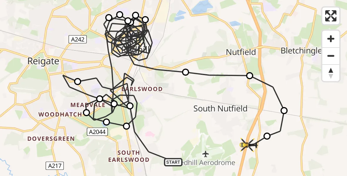 Flight route Police Helicopter Salfords - South Nutfield, 19 May 2026, 23:31