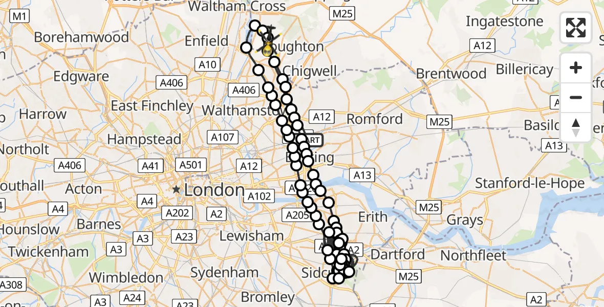 Flight route Police Helicopter Seven Kings - Sewardstonebury, 19 May 2026, 23:41