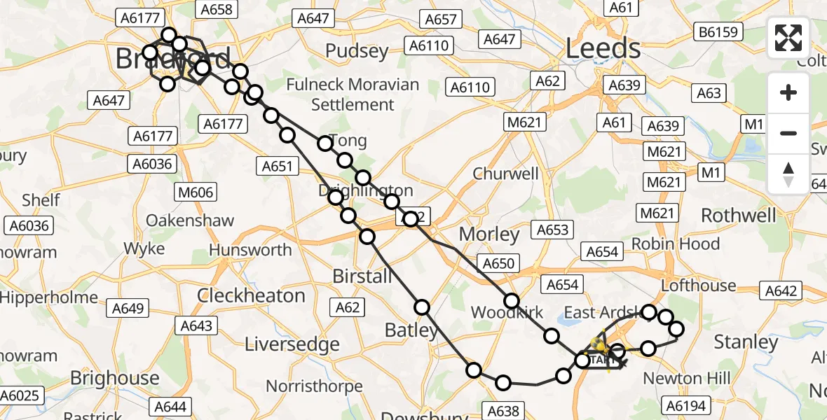 Flight route Police Helicopter East Ardsley - Brandy Carr, 19 May 2026, 23:46
