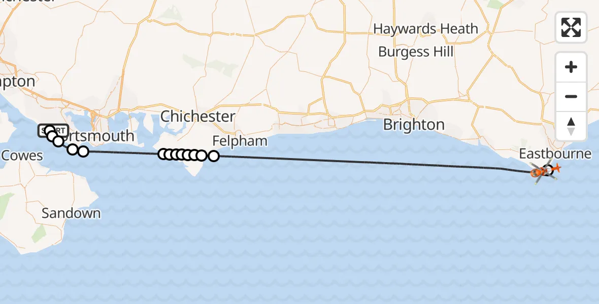 Flight route Coastguard Helicopter Solent Airport - Eastbourne, 20 May 2026, 00:00