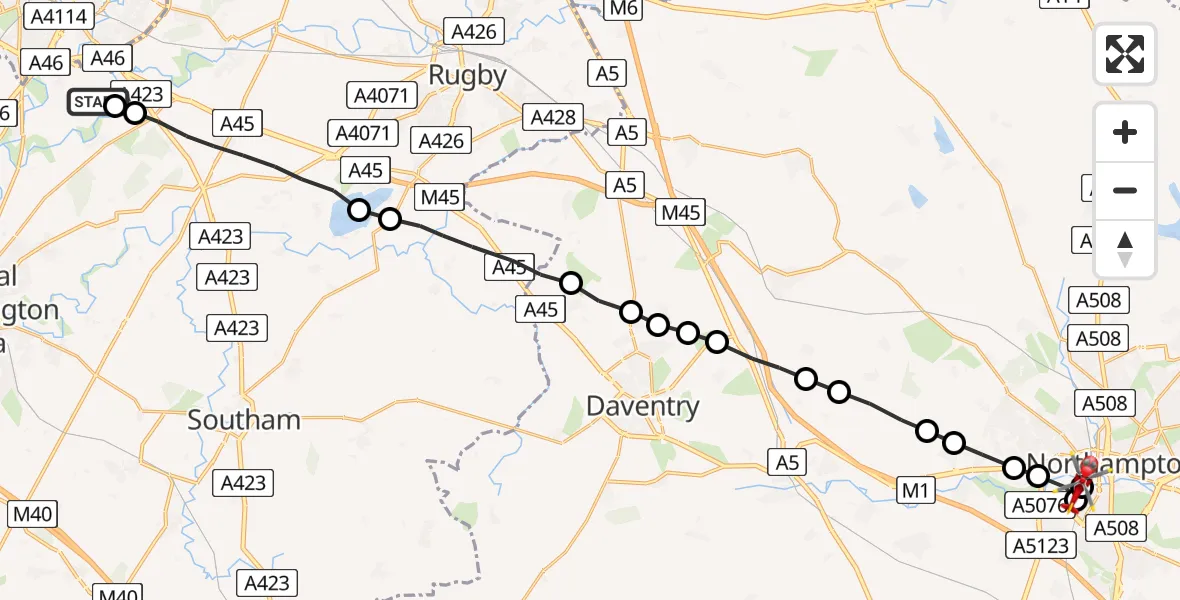 Flight route Air Ambulance Helicopter Coventry Airport - Northampton, 20 May 2026, 06:42