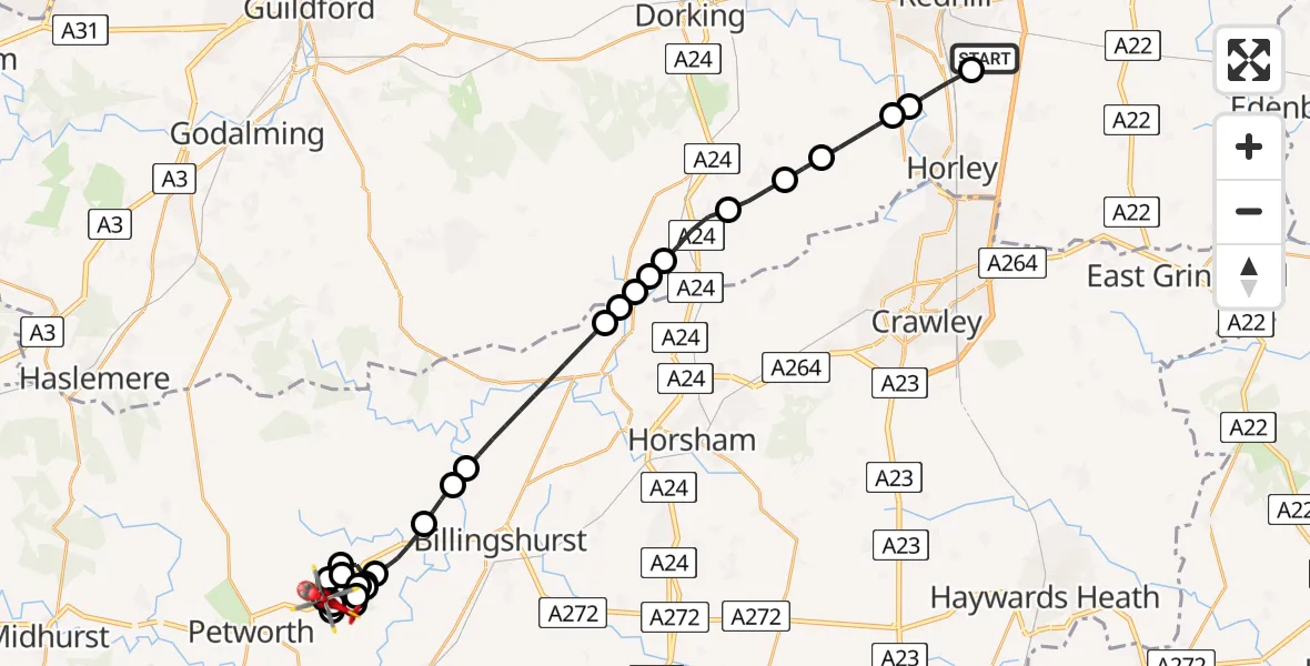 Flight route Air Ambulance Helicopter Redhill Aerodrome - Petworth, 20 May 2026, 06:45