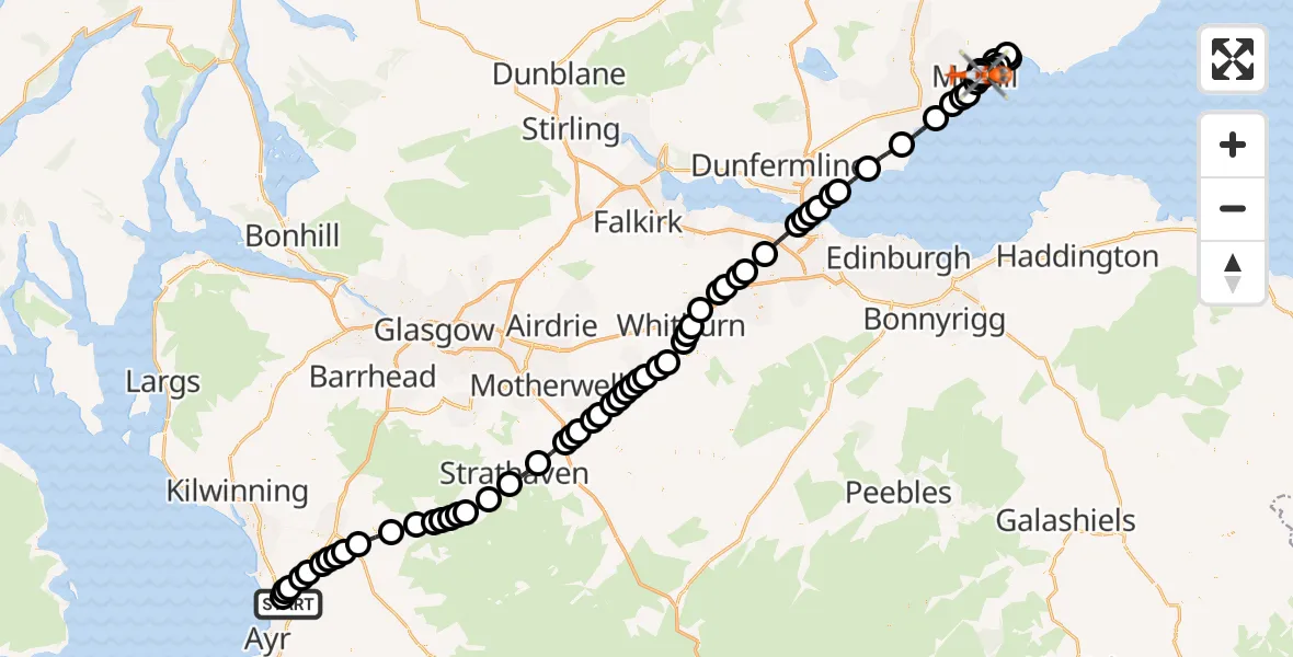 Flight route Coastguard Helicopter Glasgow Prestwick Airport - Methil, 20 May 2026, 06:50