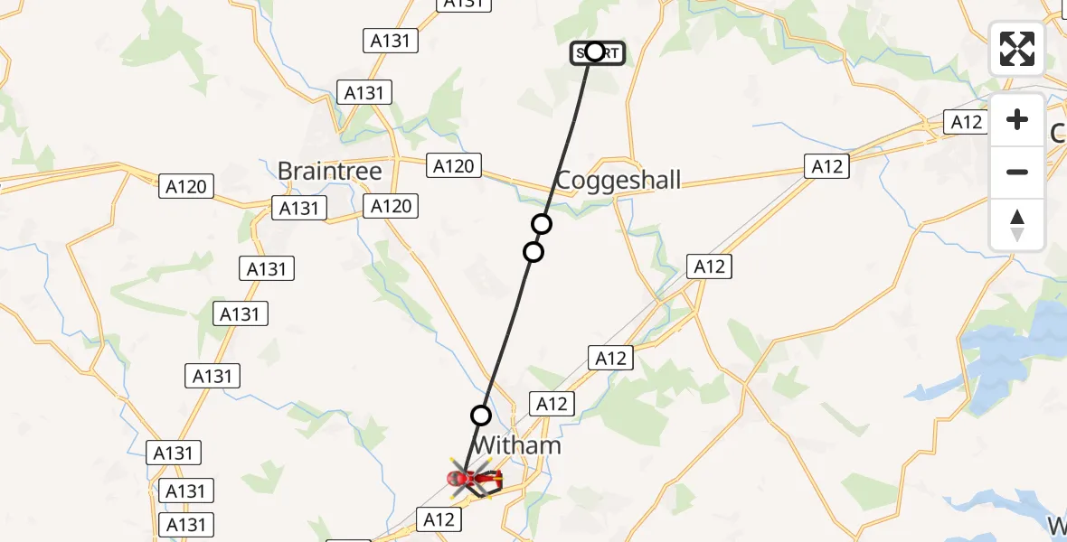 Flight route Air Ambulance Helicopter Earls Colne Airfield - Witham, 20 May 2026, 07:00