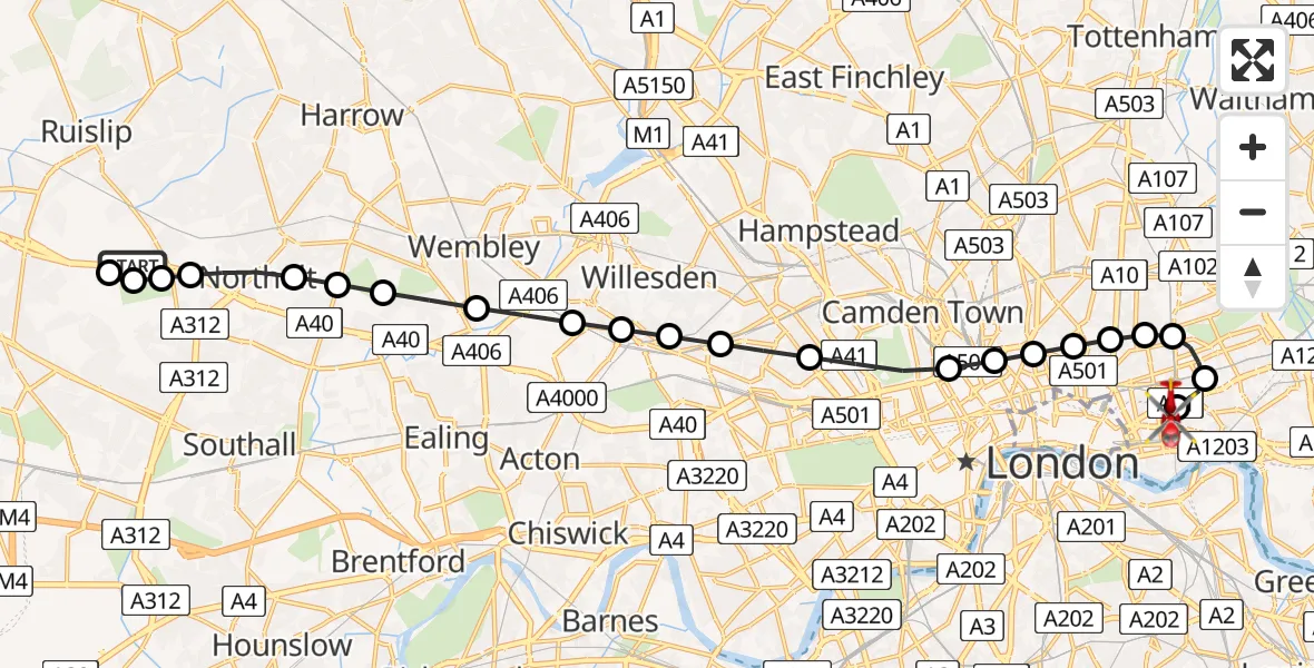 Flight route Air Ambulance Helicopter RAF Northolt - Royal London Hospital, 20 May 2026, 07:05