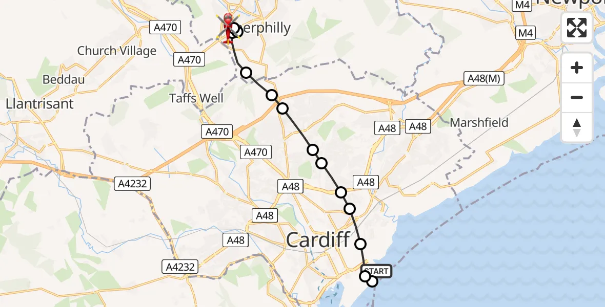 Flight route Air Ambulance Helicopter Cardiff Heliport - Hendredenny, 20 May 2026, 07:41