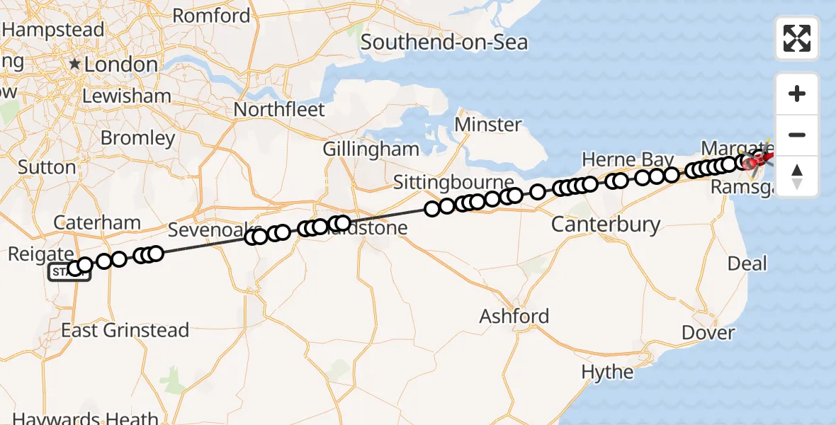 Flight route Air Ambulance Helicopter Redhill Aerodrome - Broadstairs, 20 May 2026, 07:49
