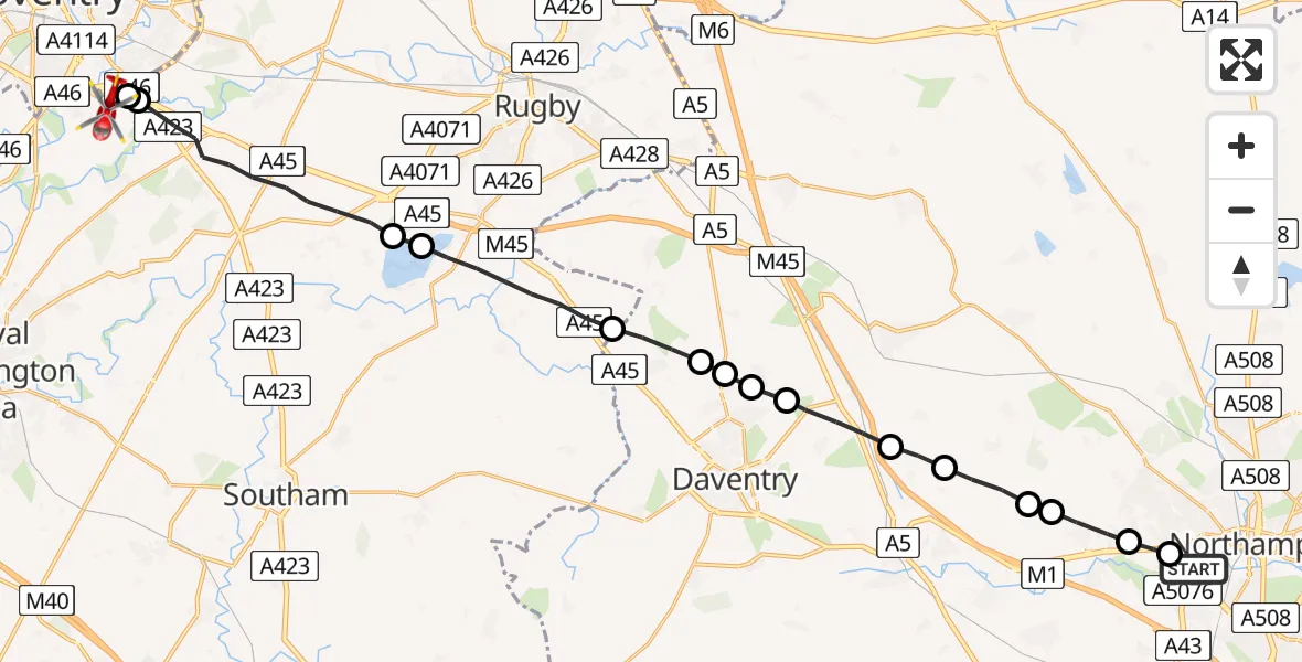 Flight route Air Ambulance Helicopter Northampton - Coventry Airport, 20 May 2026, 07:50