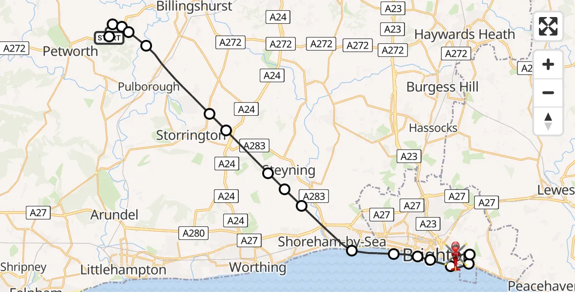 Flight route Air Ambulance Helicopter Wisborough Green - Brighton, 20 May 2026, 07:50