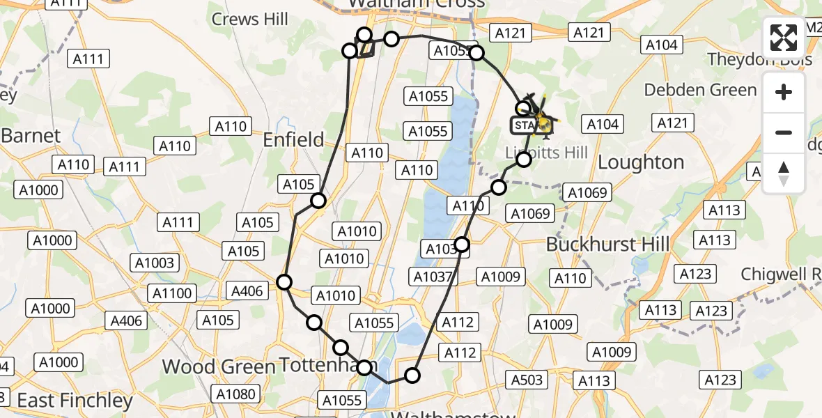 Flight route Police Helicopter Metropolitan Police Air Support Unit Lippitts Hill - Sewardstonebury, 20 May 2026, 07:57