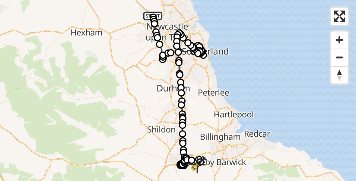 Flight route Police Helicopter Newcastle International Airport - Teesside International Airport, 20 May 2026, 08:13