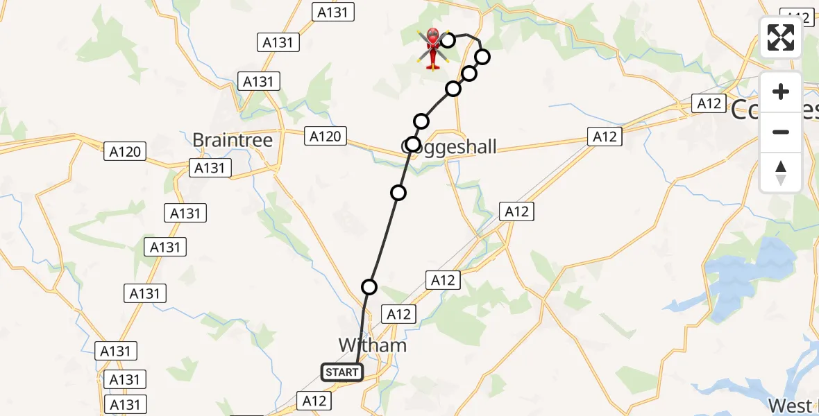 Flight route Air Ambulance Helicopter Witham - Earls Colne Airfield, 20 May 2026, 08:15