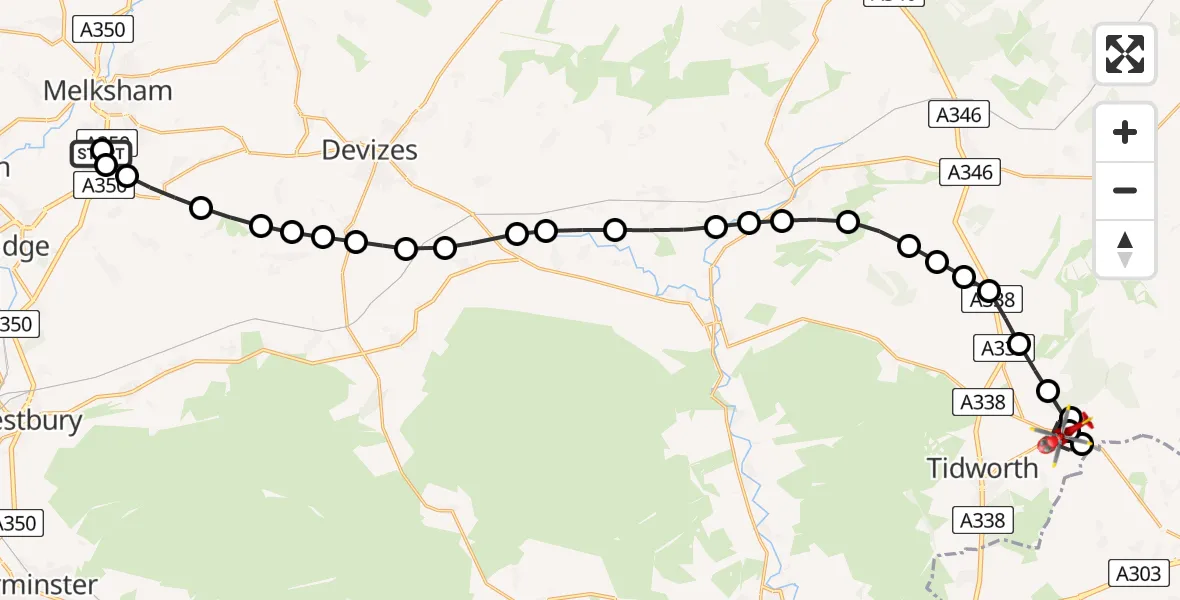 Flight route Air Ambulance Helicopter Wiltshire Air Ambulance - Ludgershall, 20 May 2026, 08:23