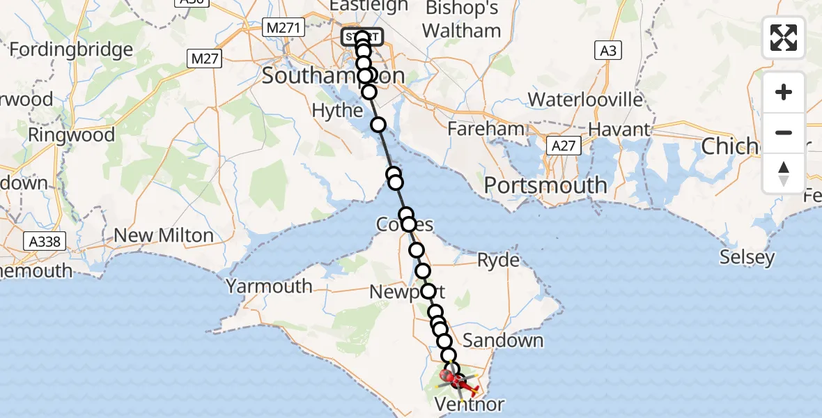 Flight route Air Ambulance Helicopter Southampton Airport - Wroxall, 20 May 2026, 08:30