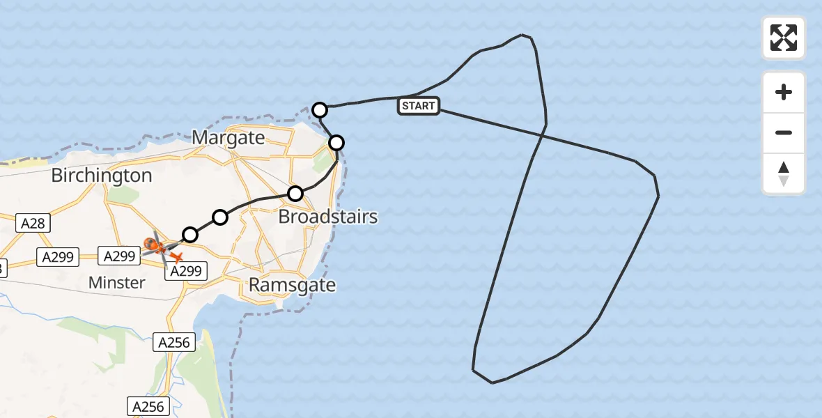 Flight route Coastguard Helicopter North Sea - Manston Airport, 20 May 2026, 09:06