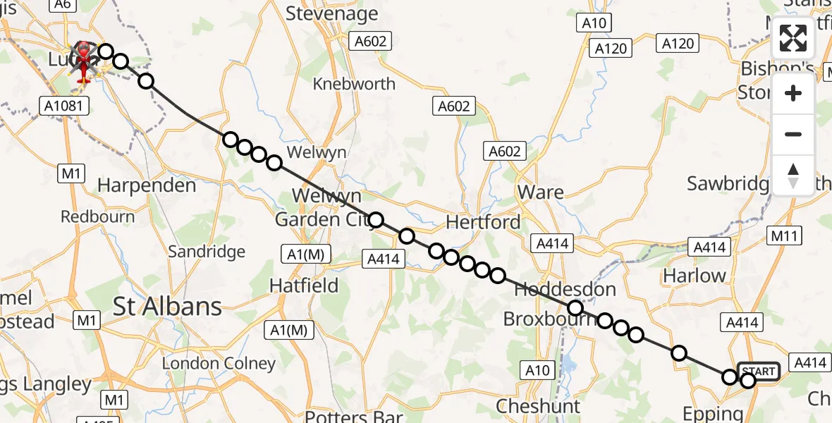 Flight route Air Ambulance Helicopter North Weald Airfield - Luton, 20 May 2026, 09:09